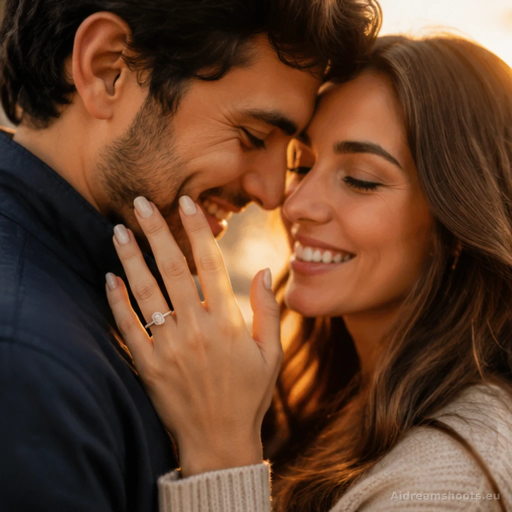 Primer plano de las manos de una pareja mostrando un anillo de compromiso en un jardín