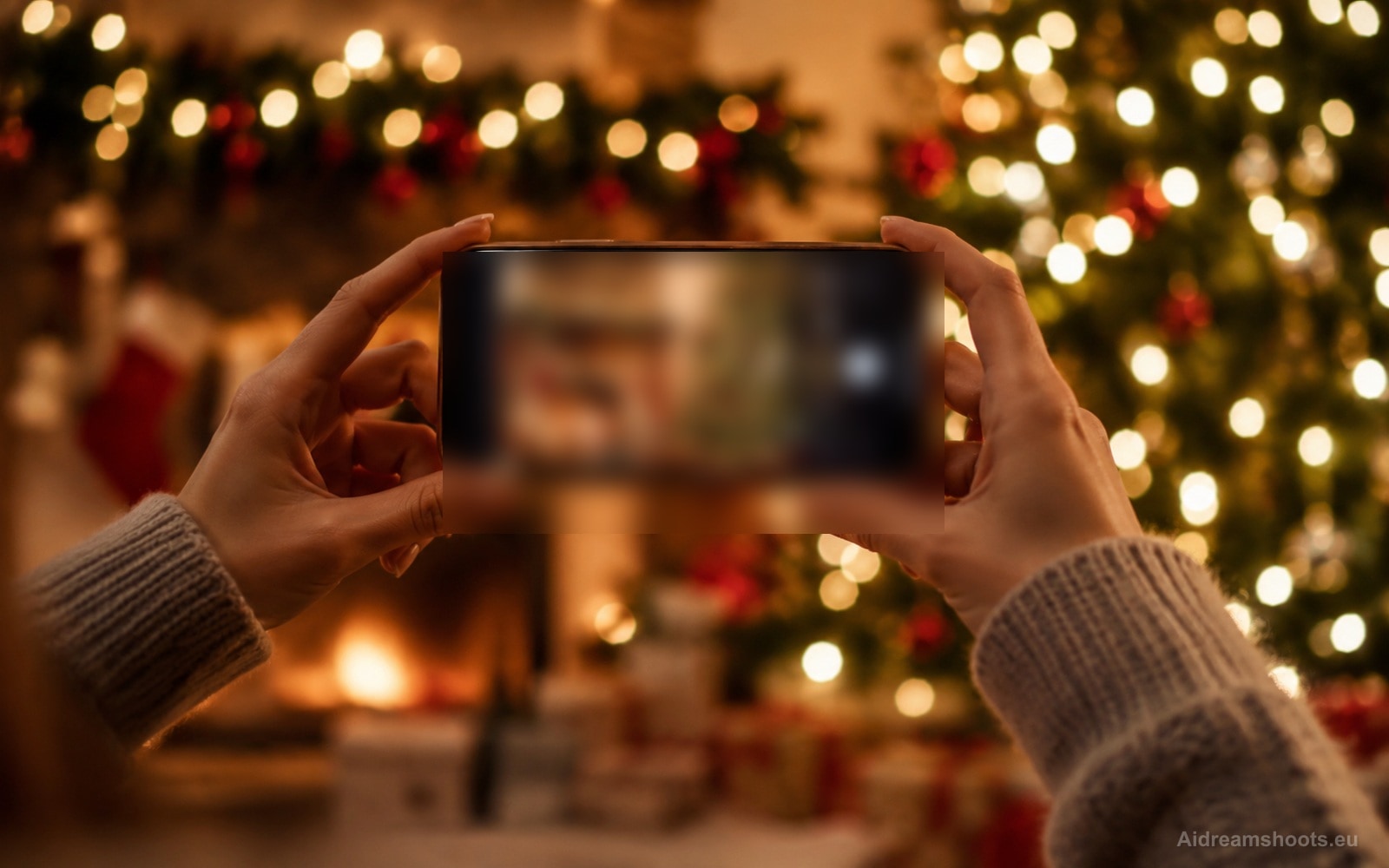 manos photographing un decorated navidad tree y chimenea con un teléfono móvil