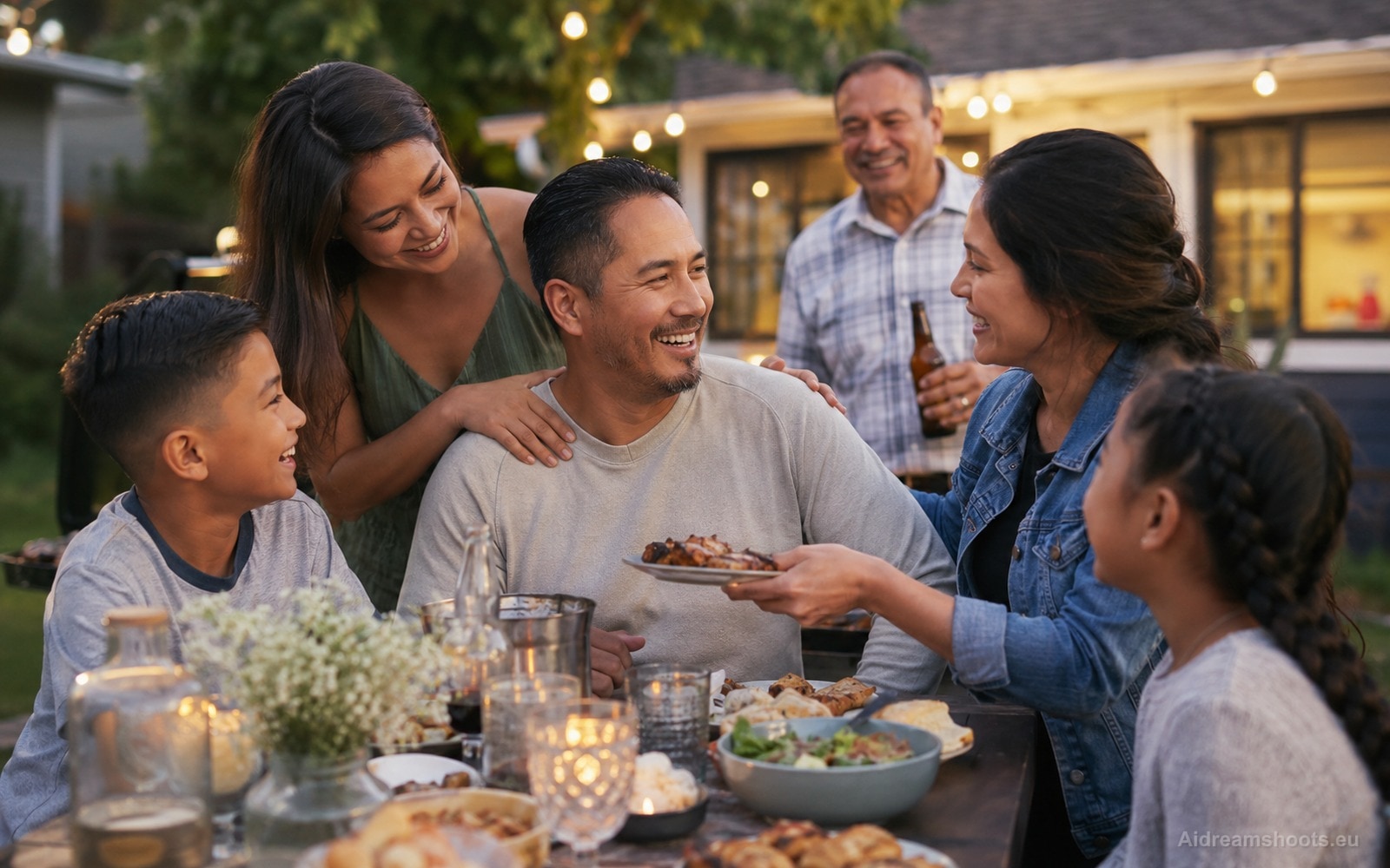 un familia celebrating padre dia con un relaxed backyard barbecue cena