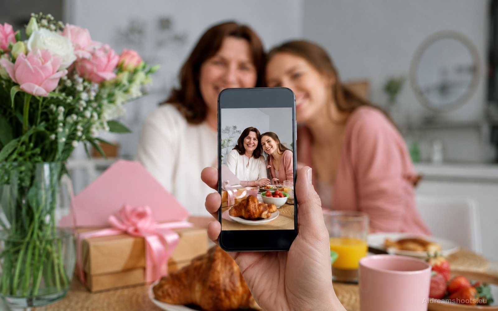 Una mano sostiene un teléfono móvil para captura un cheerful madre's dia desayuno momento con madre y hija en la fondo